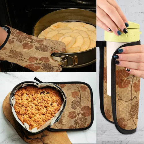 Miniatura 4 de Manoplas y manoplas de horno con textura retro, hojas de uva, antideslizantes, resistentes al calor, juego de manoplas para horno y soportes