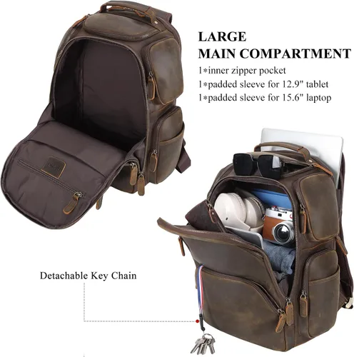 Miniatura 5 de TIDING Mochila vintage de cuero de grano completo para laptop de 16 pulgadas para hombre, con múltiples bolsillos, mochila de viaje, fin de semana
