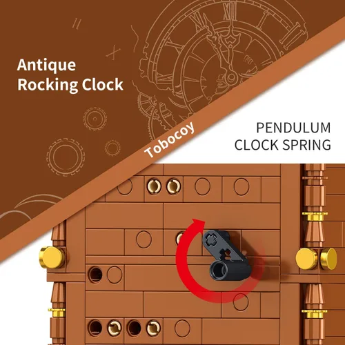 Miniatura 9 de Juego de bloques de construcción de reloj oscilante vintage, 751 piezas de reloj mecánico de trabajo real con alarma, péndulo móvil y esfera