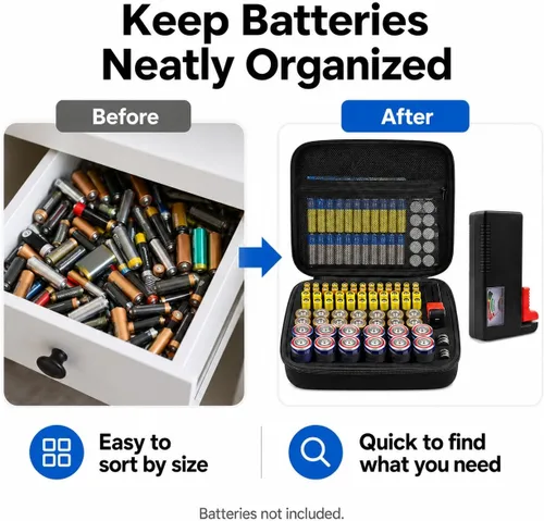 Miniatura 5 de Comecase - Caja de almacenamiento para batería dura, con estuche de transporte - Capacidad para 80 baterías AA AAA C D - con probador de batería
