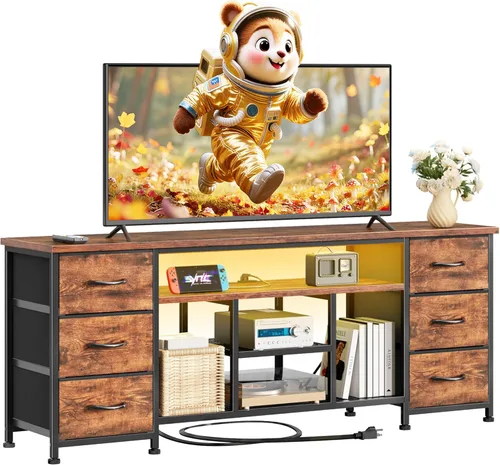 Miniatura 12 de Furologee Soporte de TV LED para TV de 65, 70 pulgadas, centro de entretenimiento de 63 pulgadas con tomas de corriente, cómoda de 6 cajones de tela