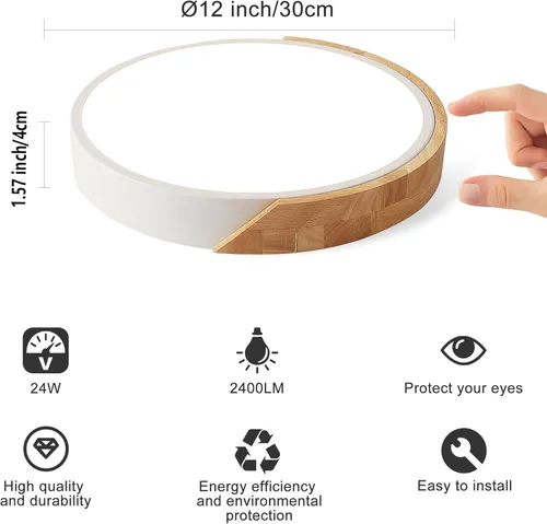 Miniatura 4 de Lámpara de techo de montaje empotrado, lámpara LED de techo de 12 pulgadas, blanco mate con madera, 4500 K/24 W (equivalente a 150 W), no regulable