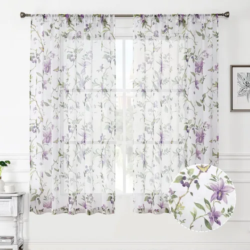 Miniatura 15 de Tollpiz Cortinas cortas y traslúcidas con estampado de mariposas y cerezo gris, media cortina con bolsillo para barra de cocina, cortinas