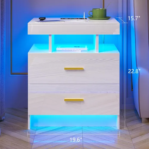 Miniatura 2 de HNEBC Mesita de noche LED, RGB blanco con estación de carga USB/inalámbrica, moderna mesita de noche con sensor automático de luces RGB, mesa blanco