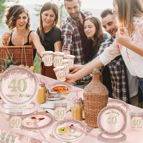 Miniatura 5 de 121 piezas de suministros para fiesta de 40 cumpleaños, platos, servilletas, tazas, tenedores, mantel, decoración temática de 40 cumpleaños en oro