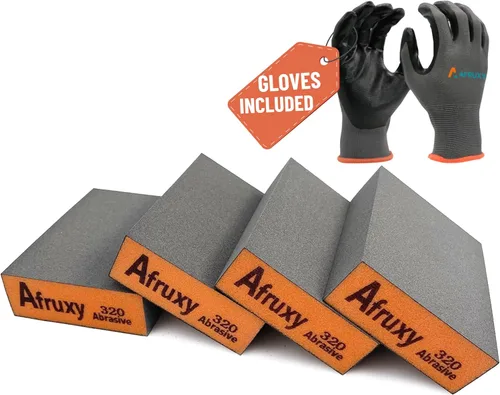 Miniatura 10 de Esponja de lijado, grano 60/80/120/220, paquete de 4 con guantes protectores, bloque de lijado de grano medio fino grueso, bloques de lijado secos