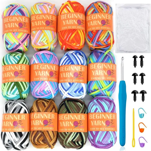 Miniatura 9 de 24 Pack de Hilo de Ganchillo para Principiantes Azul Rosa Púrpura Marrón Arcoíris de Algodón para Tejer y Ganchillo con Puntos Fáciles de Ver Kit