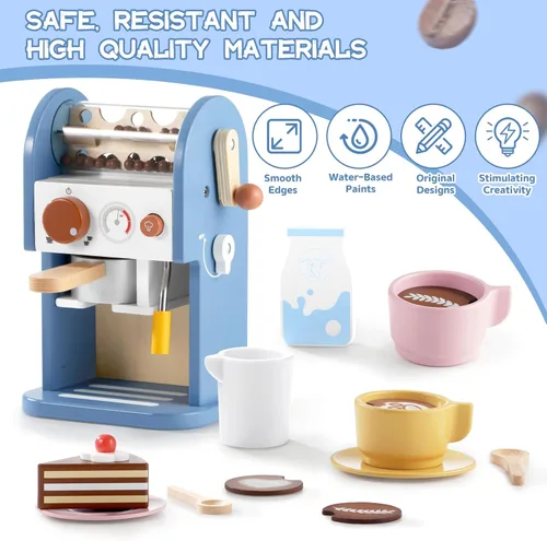 Miniatura 2 de GAGAKU Máquina de café de madera de juguete con molinillo, 15 piezas, accesorios de cocina de madera para niños, no tóxico, juego de simulación, Azul