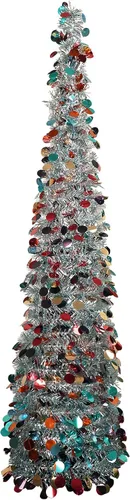 Árbol de Navidad de Oropel Desplegable de 5 pies, Árbol de Navidad Artificial Plegable Delgado Tipo Lápiz de Color para Decoración del Hogar,