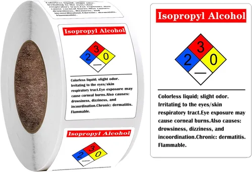 Etiquetas químicas NFPA de alcohol isopropílico, etiquetas de peligro de 2 x 3 pulgadas, etiqueta de vinilo químico, 250 etiquetas adhesivas HMIG