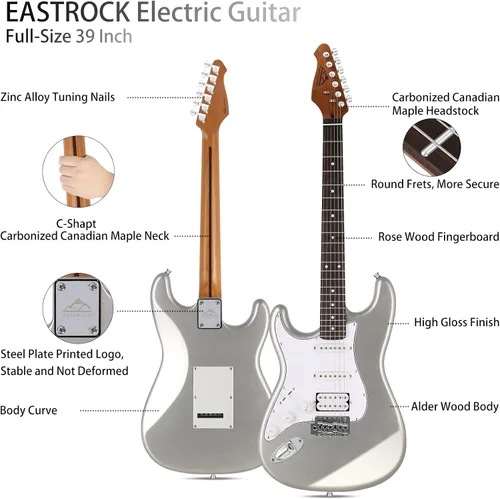 Miniatura 3 de EASTROCK Kit de guitarra eléctrica de tamaño completo de 39 pulgadas para principiantes con amplificador de 10 W, bolsa, cejilla, correa