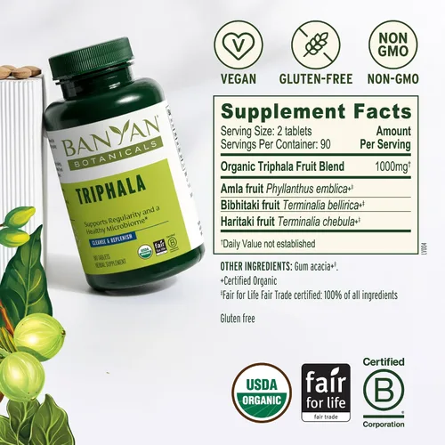Miniatura 3 de 90 comprimidos Banyan Botanicals Triphala USDA orgánico, fórmula equilibrada para la desintoxicación y el rejuvenecimiento*