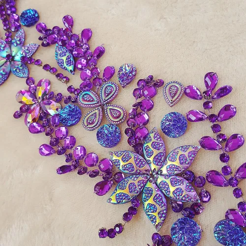 Miniatura 5 de Parches de cristal brillante hechos a mano puro de 3.9 x 16.5 in con diamantes de imitación para coser, apliques con piedras y cuentas de Morado