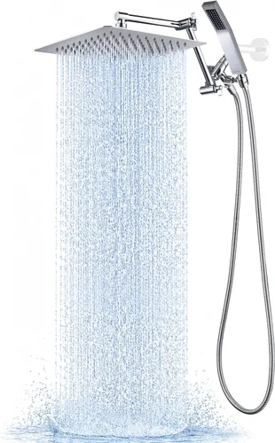 G-Promise Cabezal de ducha de metal de 10 pulgadas con combo de rociador de mano, desviador de 3 ajustes, brazo de extensión ajustable con juntas de