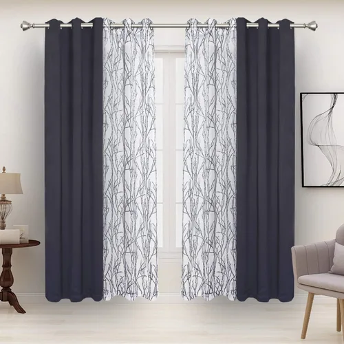 Miniatura 19 de BONZER Cortinas para Mezclar y Combinar - 2 Piezas de Cortinas Transparentes con Estampado de Ramas y 2 Piezas de Cortinas Opacas para Dormitorio