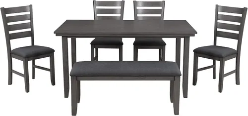 Miniatura 9 de Mesa y sillas de comedor con banco, juego de comedor de madera rústica, juego de 6 (gris)