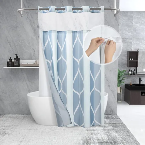 Miniatura 27 de Yiatn Juego de cortina de ducha azul egeo sin gancho con forro de tela a presión, estilo hotel con ventana superior de malla transparente, diseño