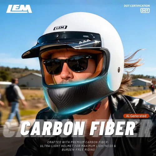 Miniatura 7 de LEM Casco Retro de Motocross en Fibra de Carbono, Casco Integral de Motocicleta para Todoterreno DOT para Hombres, Casco de Motocicleta Vintage