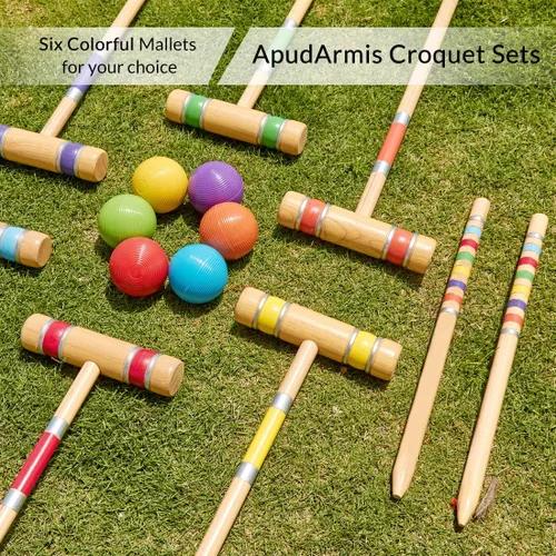 Miniatura 8 de ApudArmis Juego de Croquet para Seis Jugadores con Mazos de Madera de Goma Premium de 28 Pulgadas, Pelota de Colores, Arcos, Estacas – Juego