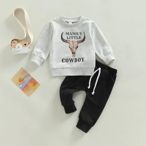 Miniatura 3 de AEEMCEM Conjunto de 2 piezas de sudadera con estampado de vaca y pantalones deportivos occidentales para niños pequeños para otoño e invierno