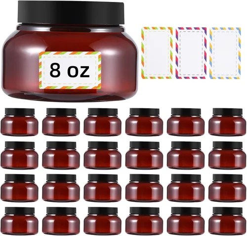 Paquete de 24 recipientes de plástico de 8 onzas con tapas y etiqueta impermeable sin BPA - Recipientes de cosméticos transparentes rellenables para