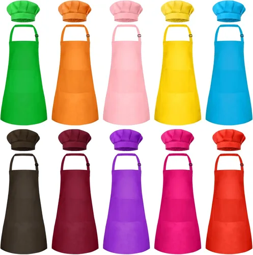 Miniatura 33 de Conjunto de Delantal y Gorro de Chef para Niños, Delantal Infantil Ajustable con 2 Bolsillos, para Niños Chef y Pintura, Cocinar, Hornear