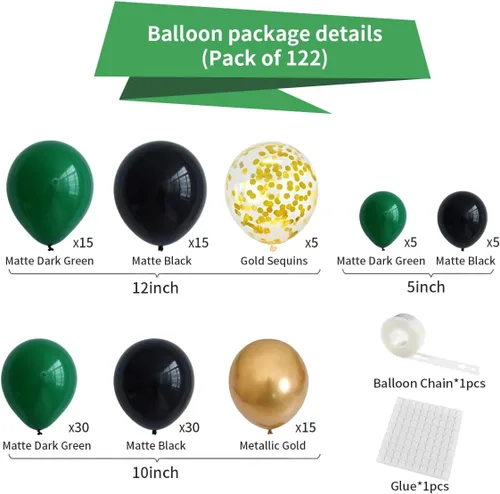 Miniatura 7 de Kit de arco de guirnalda de globos de color verde oscuro, negro y dorado, 122 globos de confeti negro verde oscuro metálico dorado para selva, Verde