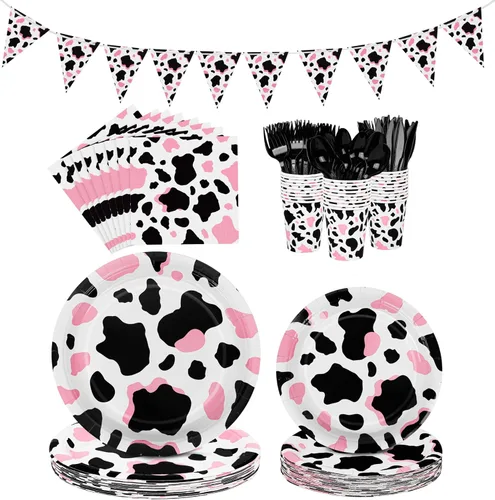 durony 198 piezas de vajilla de fiesta con estampado de vaca rosa, incluyendo platos de fiesta de vaca rosa vaquera, cucharas, tenedores, cuchillos,