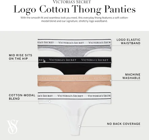 Miniatura 3 de Victoria's Secret Paquete de tangas de algodón con logotipo, ropa interior para mujer (XS-XXL)