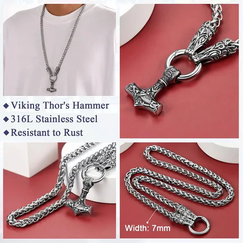 Miniatura 3 de FaithHeart Collar punk nórdico vikingo para hombre, collar grueso, acero inoxidable, Mjolnirnudo celta, cabeza de lobo, colgante de amuleto, joyería