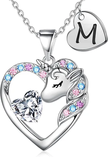 Regalos de unicornios para niñas y niños, collar de corazón, collares de unicornio para niñas, collares con iniciales, joyería de unicornio, joyería