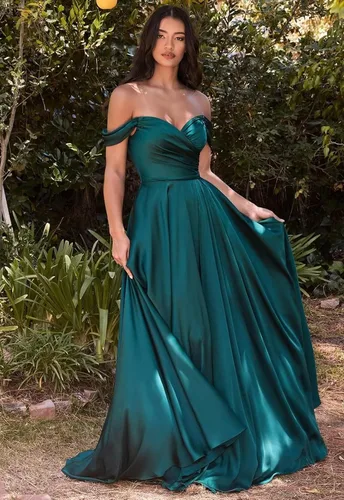 Miniatura 9 de PEIYJYUSP Vestidos de dama de honor de satén con hombros descubiertos para boda, largo, fruncido, acampanado, vestido de graduación formal