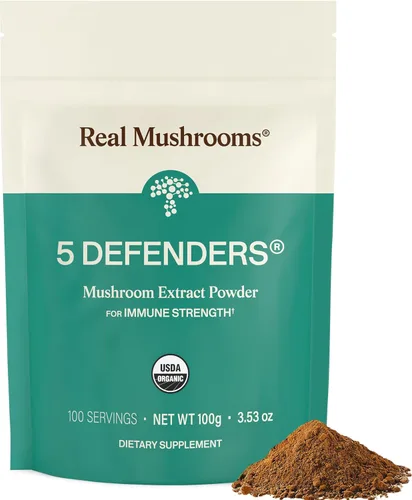 Real Mushrooms 5 Defenders - Complejo de hongos en polvo, extracto orgánico de hongos de Chaga, Reishi, cola de pavo, mezcla de hongos Maitake y