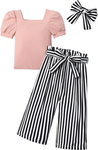 Miniatura 29 de DONWEN Conjunto de 3 piezas de ropa para niñas pequeñas y niñas con cuello cuadrado + pantalones elegantes + diadema para primavera y verano