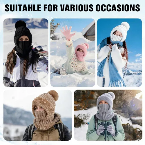 Miniatura 7 de Gorro 3 en 1 para mujer, pasamontañas de invierno con máscara facial, gorro de punto con forro polar con pompones, máscara de esquí resistente al