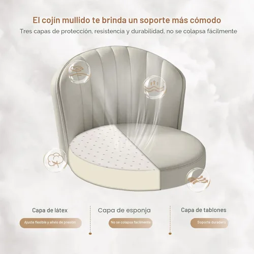 Miniatura 5 de Silla pequeña redonda de escritorio con ruedas, cómoda silla de tocador para computadora con respaldo bajo, piel sintética, altura ajustable, Gris