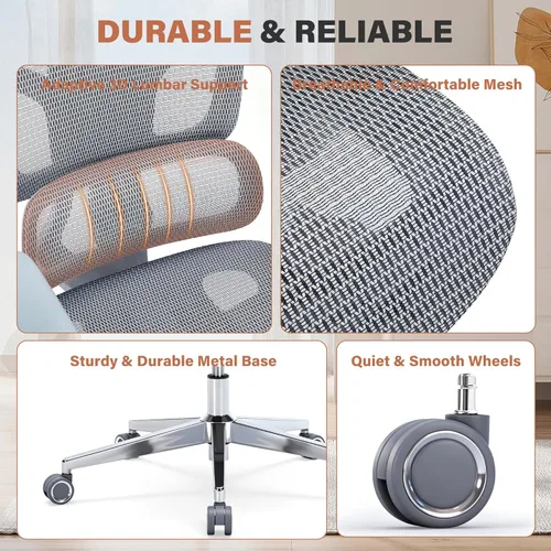 Miniatura 9 de Silla de oficina ergonómica con reposapiés, silla de escritorio de malla resistente de 400 libras, reposabrazos 5D, lumbar 3D, respaldo de 5 Gris
