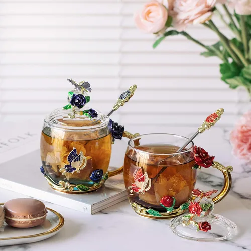 Miniatura 9 de BTaT- Juego de tazas de té de vidrio floral con tapas y cuchara, paquete de 2, 11 onzas, azul y rojo, diseño de flores con caja de regalo, tazas