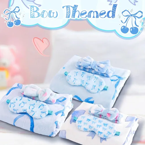 Miniatura 5 de Fanfanwin 18 piezas de suministros para fiesta de pijamadas para niñas, 6 mantas lindas con lazo azul de 1 estilo, 6 diademas de spa de vellón