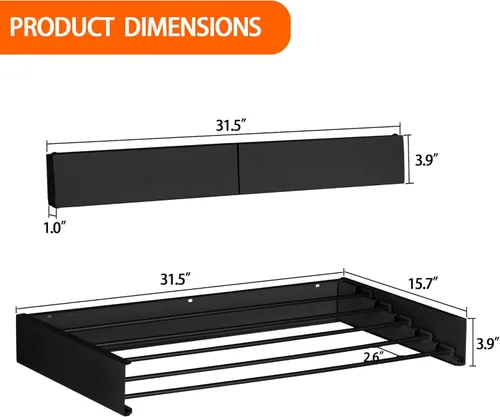 Miniatura 5 de FOCHIER F Estante de secado de ropa para colgar en la pared, plegable, con 5 varillas de aluminio y plantilla de perforación, punta de Negro