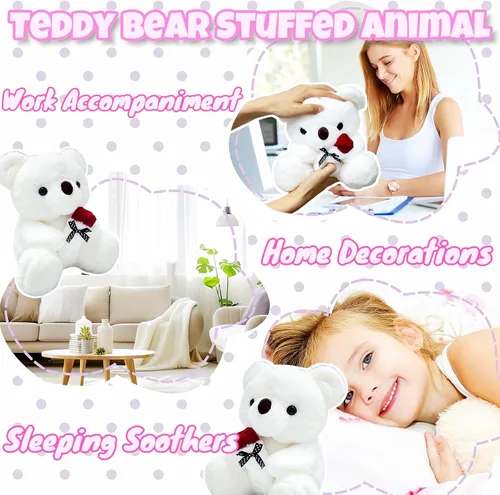 Miniatura 5 de Peluche de Oso Blanco de 10 pulgadas Juguetes de Animales de Peluche con Rosa, Peluches de Oso Polar Kawaii, Juguetes de Peluche de Animales Suaves
