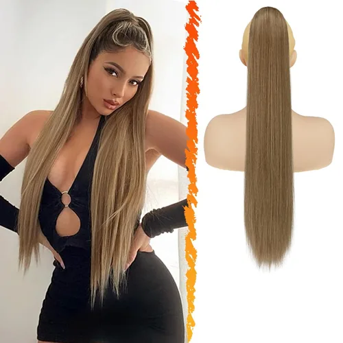 Miniatura 9 de BARSDAR Extensión de cola de caballo corta y recta - Extensiones de pelo con cordón de 16 pulgadas, rubio para mujeres - Extensiones de pelo Rubio