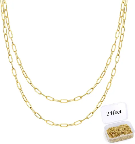 Miniatura 9 de ALEXCRAFT Cadena de clip de latón chapado en oro de 14 quilates de 24 pies a granel para fabricación de joyas (0.118 x 0.354 in), Latón 24 pies