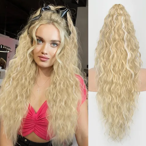 Miniatura 65 de ORSUNCER Extensión de cola de caballo de 18" con pinza rizada, cola de caballo esponjosa, extensiones de pelo sintético de aspecto natural para mujer