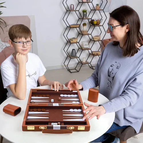 Miniatura 7 de Backgammon - Juego de 2 jugadores clásico de backgammon para adultos, juego de mesa con funda de piel sintética, portátil y juego de backgammon