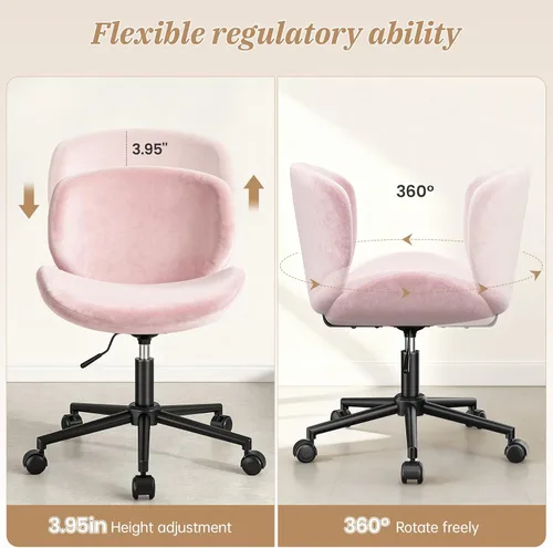 Miniatura 4 de DurayLoly Silla de tocador con ruedas, bonita silla de escritorio sin brazos con respaldo, silla de oficina pequeña giratoria de 360° en altura Rosa