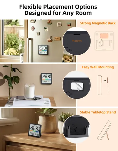 Miniatura 8 de NOKLEAD Termómetro higrómetro para interiores, mini monitor digital de temperatura y humedad de escritorio con indicador de comodidad y reloj