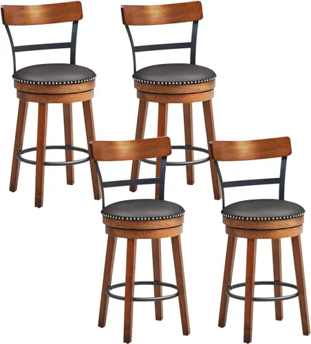 Miniatura 12 de COSTWAY Juego de 2 taburetes de bar, taburetes giratorios de 360 grados con asiento acolchado de cuero, respaldo de escalera de un solo listón