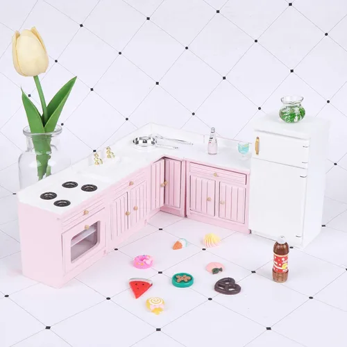 Miniatura 5 de Kit de muebles de cocina para casa de muñecas 1:12, casa de muñecas en miniatura, armario de cocina, juego de nevera, muebles de comedor para casa