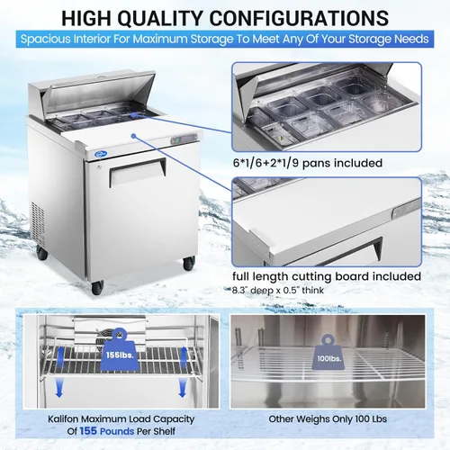 Miniatura 4 de Refrigerador de 28 pulgadas de ancho y 1 puerta, mesa de preparación de ensalada, refrigerador comercial de acero inoxidable con tabla de cortar, 1